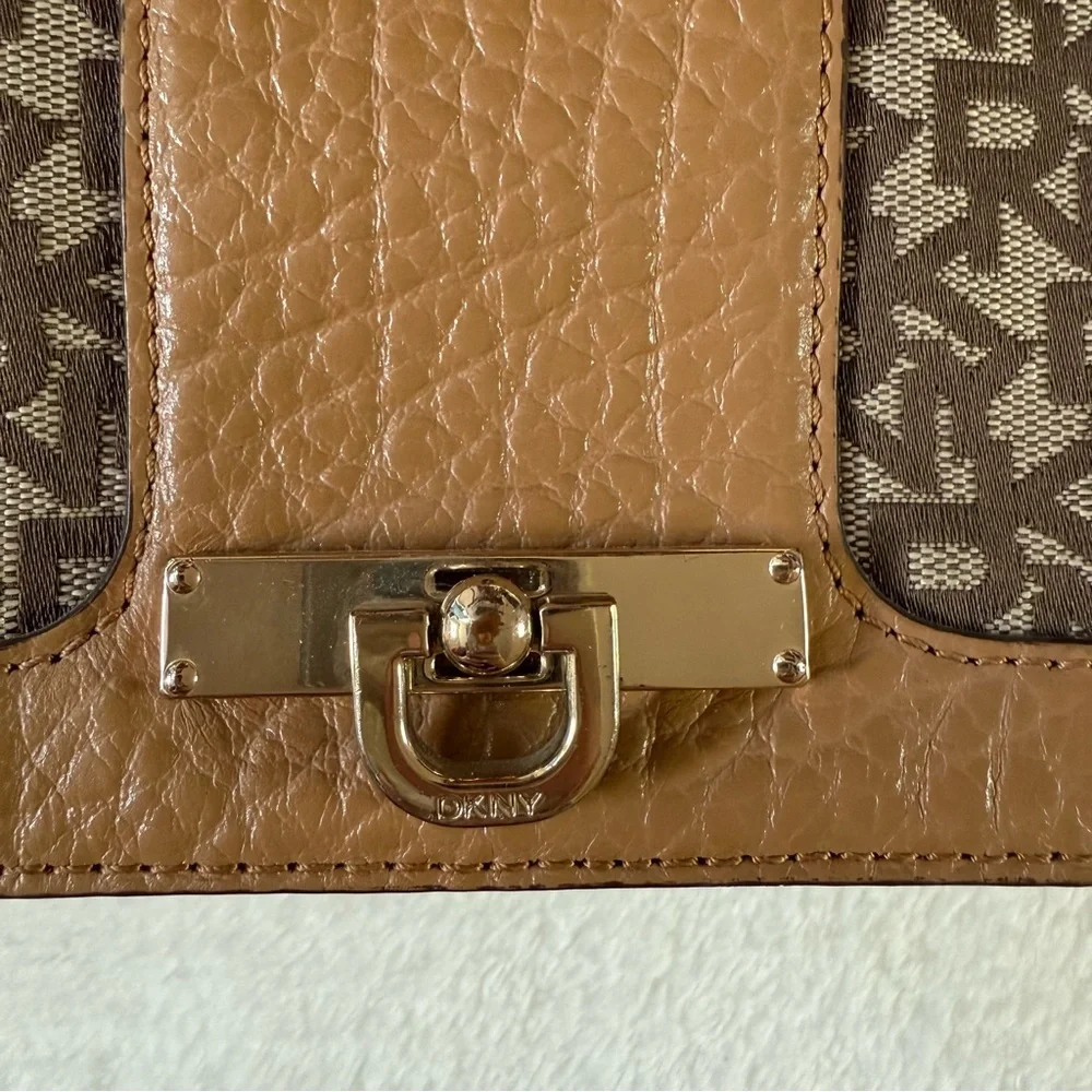 DKNY Tan Genuine Leather and Fabric Crossbody Handbag